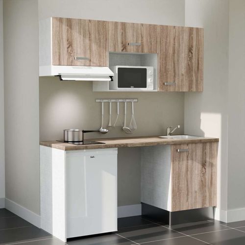 Kitchenette K55l-pt - 180 Cm-façade Bois-plan Bois-evier Inox-crédences Non+electro Blanc