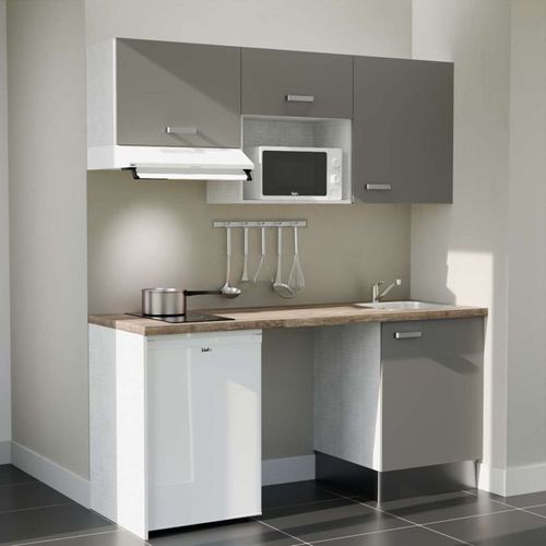 Kitchenette K55l-pt - 180 Cm-façade Gris-plan Bois-evier Inox-crédences Non+electro Blanc