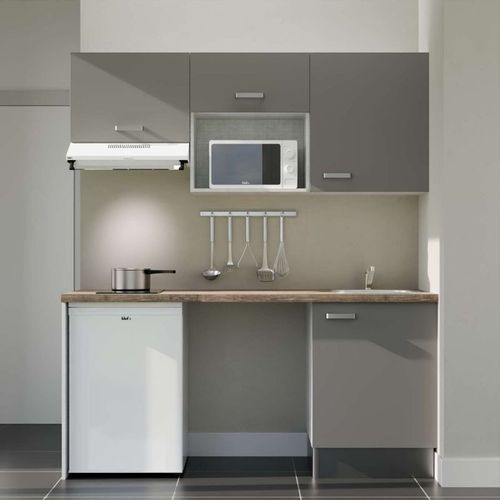 Kitchenette K55l-pt - 180 Cm-façade Gris-plan Bois-evier Inox-crédences Non+electro Blanc