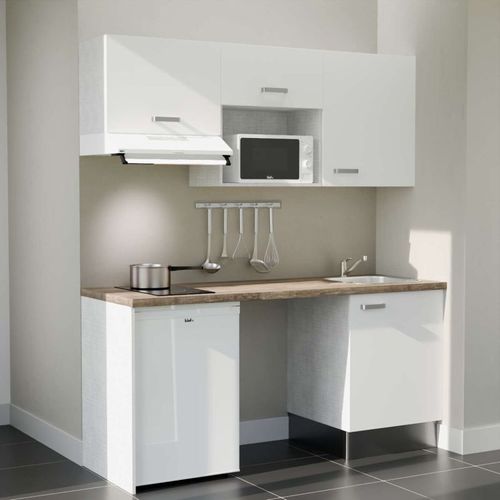 Kitchenette K55l-pt - 180 Cm-façade Blanc-plan Bois-evier Inox-crédences Non+electro Blanc