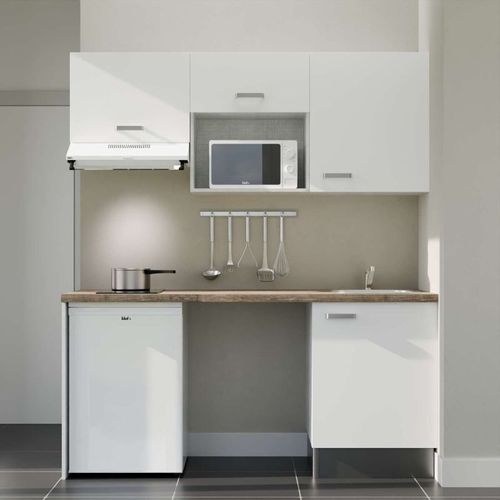 Kitchenette K55l-pt - 180 Cm-façade Blanc-plan Bois-evier Inox-crédences Non+electro Blanc