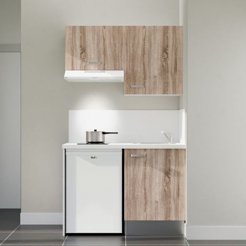 Kitchenette K01l-pt - 120 Cm-façade Bois-plan Blanc-evier Inox-crédences Oui+electro Blanc
