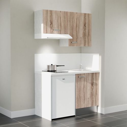 Kitchenette K01l-pt - 120 Cm-façade Bois-plan Blanc-evier Inox-crédences Oui+electro Blanc