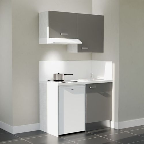 Kitchenette K01l-pt - 120 Cm-façade Gris-plan Blanc-evier Inox-crédences Oui+electro Blanc