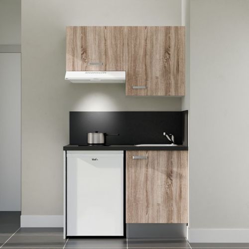 Kitchenette K01l-pt - 120 Cm-façade Bois-plan Noir Texturé-evier Inox-crédences Oui+electro Blanc