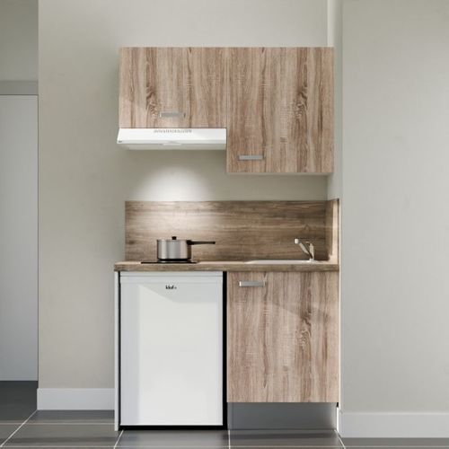 Kitchenette K01l-pt - 120 Cm-façade Bois-plan Bois-evier Inox-crédences Oui+electro Blanc