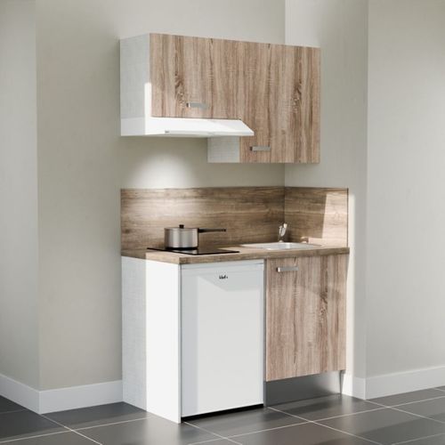 Kitchenette K01l-pt - 120 Cm-façade Bois-plan Bois-evier Inox-crédences Oui+electro Blanc