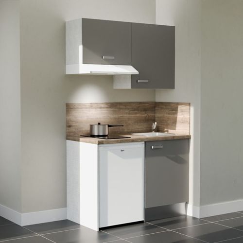 Kitchenette K01l-pt - 120 Cm-façade Gris-plan Bois-evier Inox-crédences Oui+electro Blanc