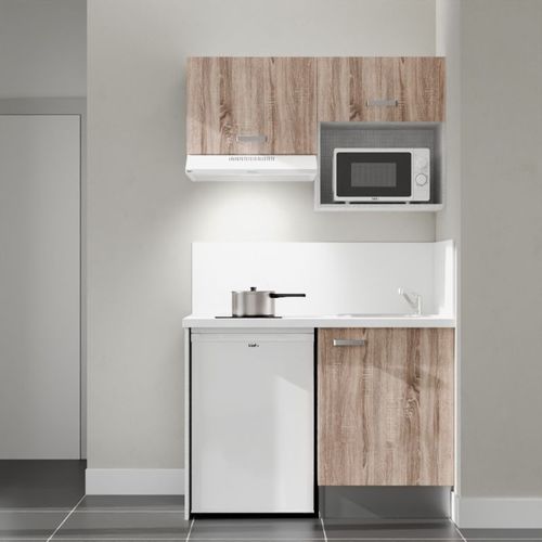 Kitchenette K02l-pt - 120 Cm-façade Bois-plan Blanc-evier Inox-crédences Oui+electro Blanc