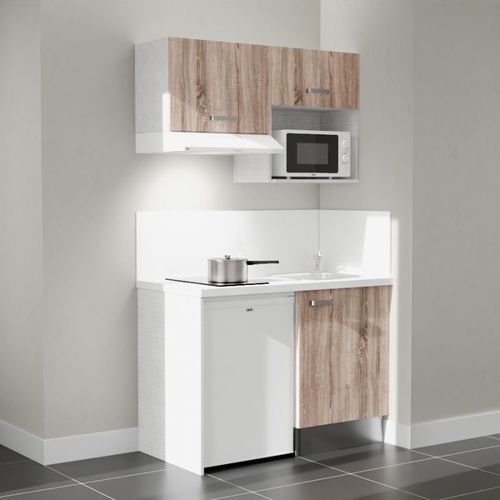 Kitchenette K02l-pt - 120 Cm-façade Bois-plan Blanc-evier Inox-crédences Oui+electro Blanc