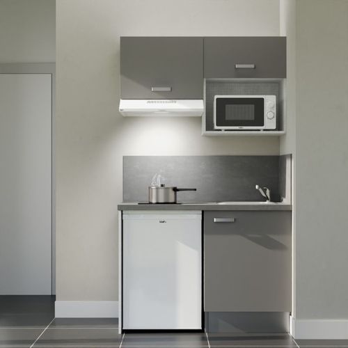 Kitchenette K02l-pt - 120 Cm-façade Gris-plan Gris Béton-evier Inox-crédences Oui+electro Blanc