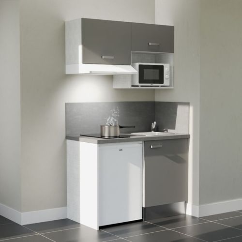 Kitchenette K02l-pt - 120 Cm-façade Gris-plan Gris Béton-evier Inox-crédences Oui+electro Blanc