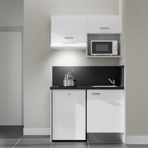 Kitchenette K02l-pt - 120 Cm-façade Blanc-plan Noir Texturé-evier Inox-crédences Oui+electro Blanc