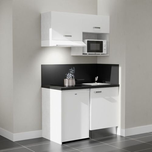 Kitchenette K02l-pt - 120 Cm-façade Blanc-plan Noir Texturé-evier Inox-crédences Oui+electro Blanc