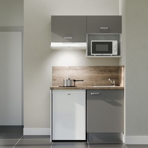 Kitchenette K02l-pt - 120 Cm-façade Gris-plan Bois-evier Inox-crédences Oui+electro Blanc