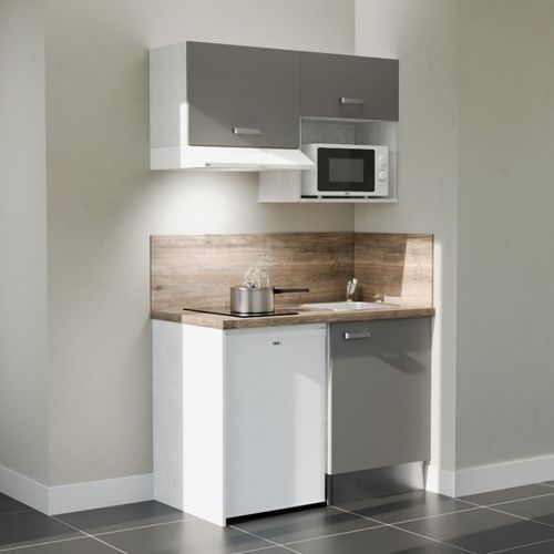 Kitchenette K02l-pt - 120 Cm-façade Gris-plan Bois-evier Inox-crédences Oui+electro Blanc