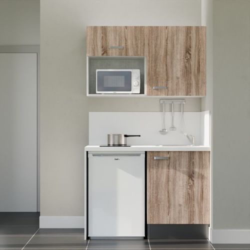 Kitchenette K07l-pt - 120 Cm-façade Bois-plan Blanc-evier Inox-crédences Oui+electro Blanc