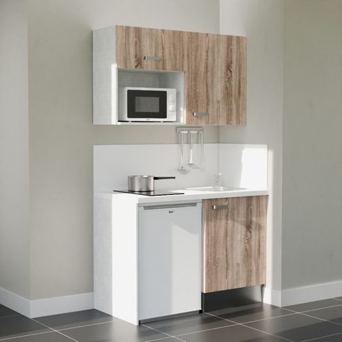 Kitchenette K07l-pt - 120 Cm-façade Bois-plan Blanc-evier Inox-crédences Oui+electro Blanc
