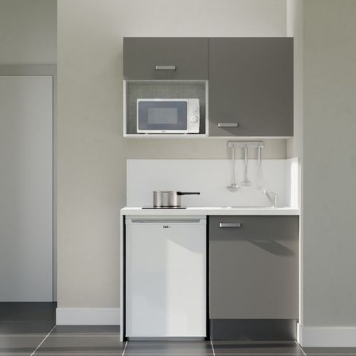 Kitchenette K07l-pt - 120 Cm-façade Gris-plan Blanc-evier Inox-crédences Oui+electro Blanc