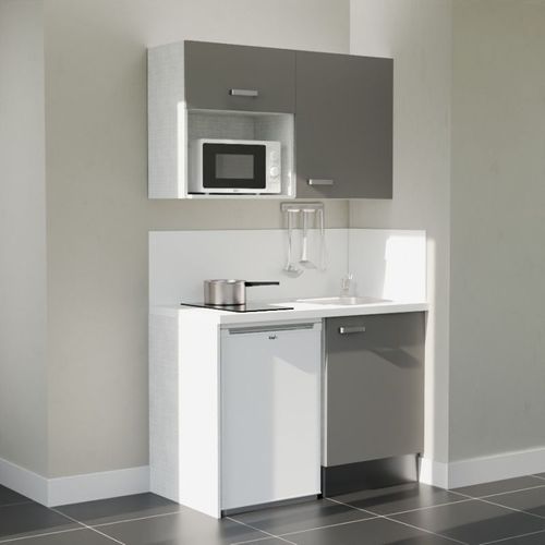 Kitchenette K07l-pt - 120 Cm-façade Gris-plan Blanc-evier Inox-crédences Oui+electro Blanc