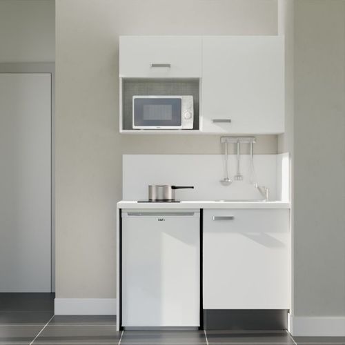 Kitchenette K07l-pt - 120 Cm-façade Blanc-plan Blanc-evier Inox-crédences Oui+electro Blanc