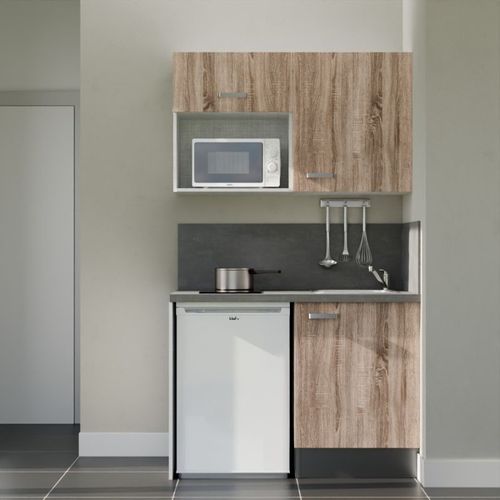 Kitchenette K07l-pt - 120 Cm-façade Bois-plan Gris Béton-evier Inox-crédences Oui+electro Blanc