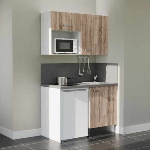 Kitchenette K07l-pt - 120 Cm-façade Bois-plan Gris Béton-evier Inox-crédences Oui+electro Blanc