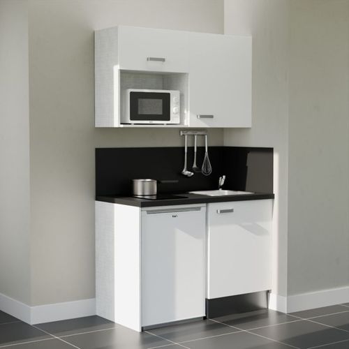 Kitchenette K07l-pt - 120 Cm-façade Blanc-plan Noir Texturé-evier Inox-crédences Oui+electro Blanc