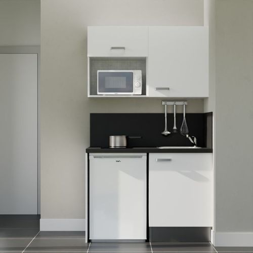 Kitchenette K07l-pt - 120 Cm-façade Blanc-plan Noir Texturé-evier Inox-crédences Oui+electro Blanc