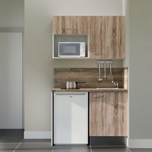 Kitchenette K07l-pt - 120 Cm-façade Bois-plan Bois-evier Inox-crédences Oui+electro Blanc