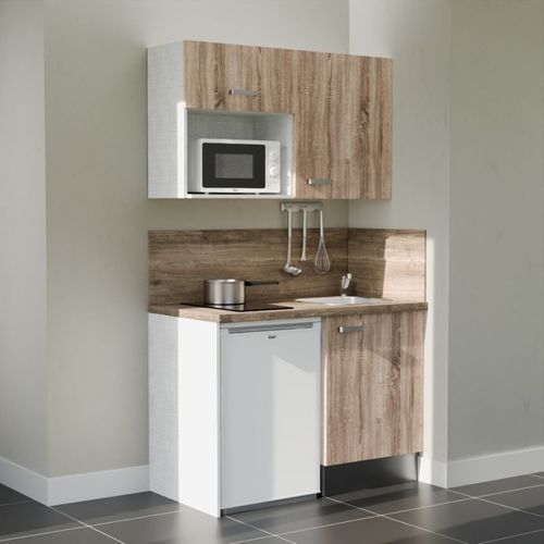 Kitchenette K07l-pt - 120 Cm-façade Bois-plan Bois-evier Inox-crédences Oui+electro Blanc