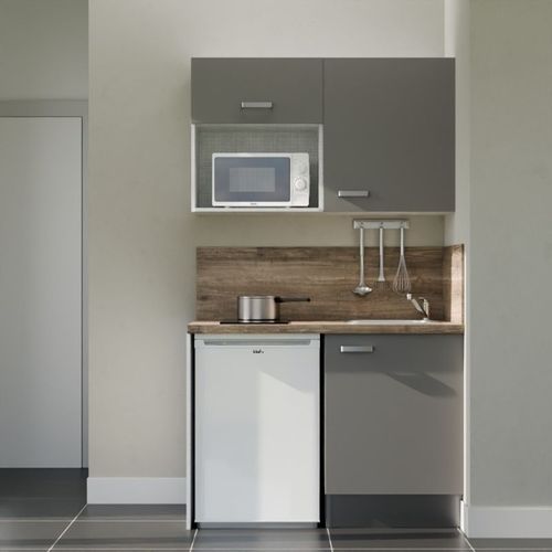 Kitchenette K07l-pt - 120 Cm-façade Gris-plan Bois-evier Inox-crédences Oui+electro Blanc