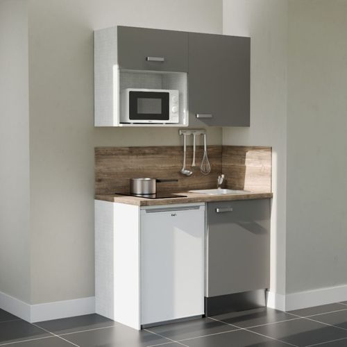 Kitchenette K07l-pt - 120 Cm-façade Gris-plan Bois-evier Inox-crédences Oui+electro Blanc