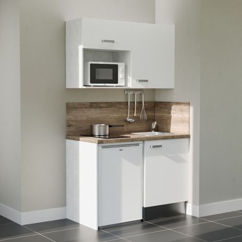 Kitchenette K07l-pt - 120 Cm-façade Blanc-plan Bois-evier Inox-crédences Oui+electro Blanc