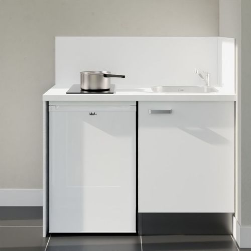 Kitchenette K08l-pt - 120 Cm-façade Blanc-plan Blanc-evier Inox-crédences Oui+electro Blanc