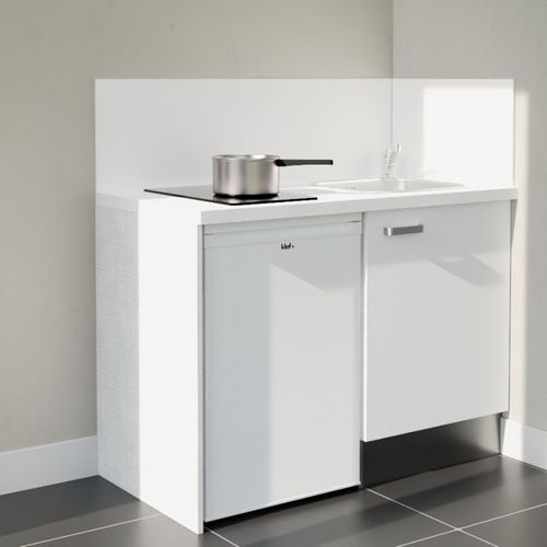 Kitchenette K08l-pt - 120 Cm-façade Blanc-plan Blanc-evier Inox-crédences Oui+electro Blanc