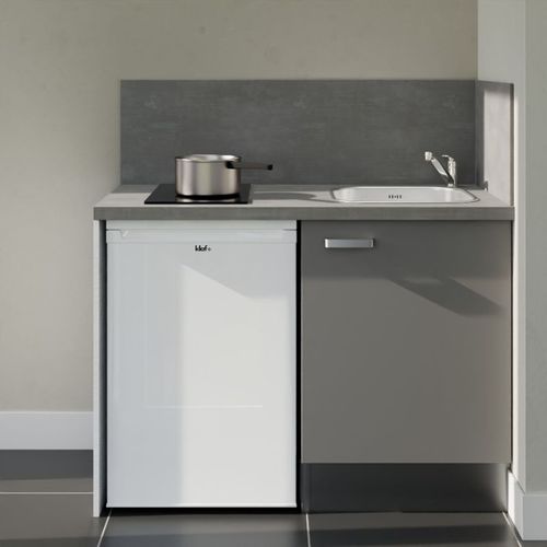 Kitchenette K08l-pt - 120 Cm-façade Gris-plan Gris Béton-evier Inox-crédences Oui+electro Blanc