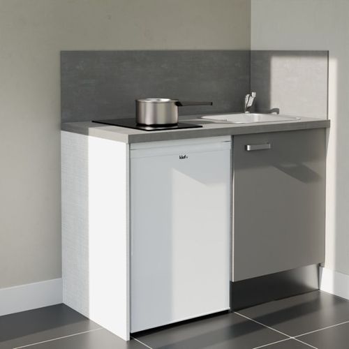 Kitchenette K08l-pt - 120 Cm-façade Gris-plan Gris Béton-evier Inox-crédences Oui+electro Blanc