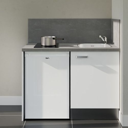 Kitchenette K08l-pt - 120 Cm-façade Blanc-plan Gris Béton-evier Inox-crédences Oui+electro Blanc