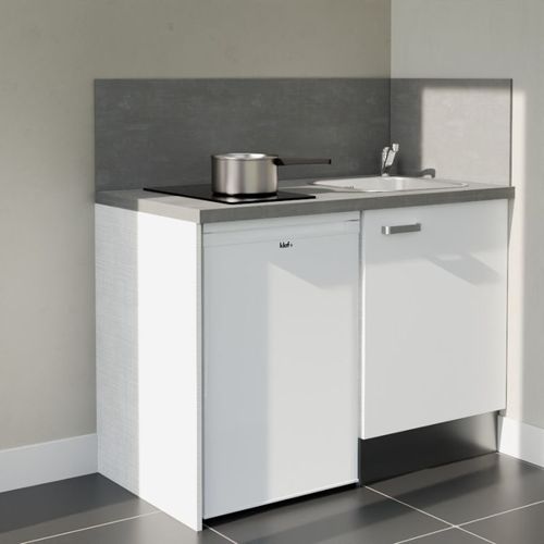 Kitchenette K08l-pt - 120 Cm-façade Blanc-plan Gris Béton-evier Inox-crédences Oui+electro Blanc