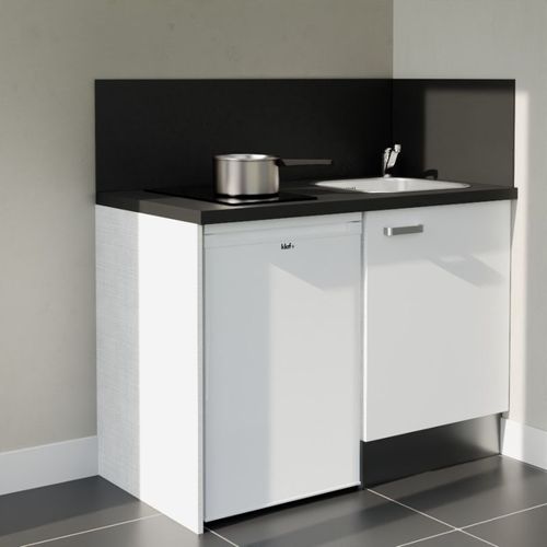 Kitchenette K08l-pt - 120 Cm-façade Blanc-plan Noir Texturé-evier Inox-crédences Oui+electro Blanc