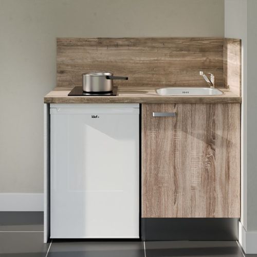 Kitchenette K08l-pt - 120 Cm-façade Bois-plan Bois-evier Inox-crédences Oui+electro Blanc