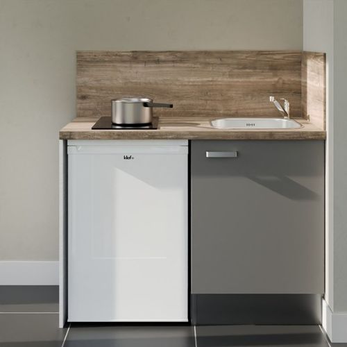 Kitchenette K08l-pt - 120 Cm-façade Gris-plan Bois-evier Inox-crédences Oui+electro Blanc