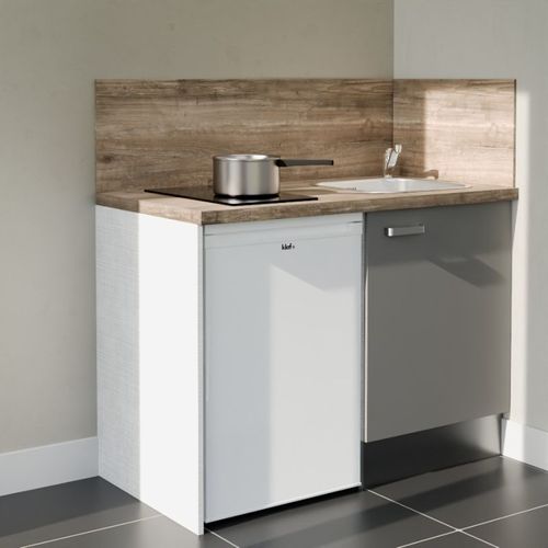 Kitchenette K08l-pt - 120 Cm-façade Gris-plan Bois-evier Inox-crédences Oui+electro Blanc