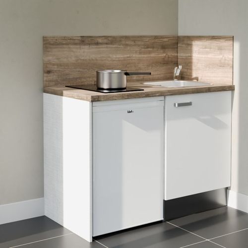 Kitchenette K08l-pt - 120 Cm-façade Blanc-plan Bois-evier Inox-crédences Oui+electro Blanc