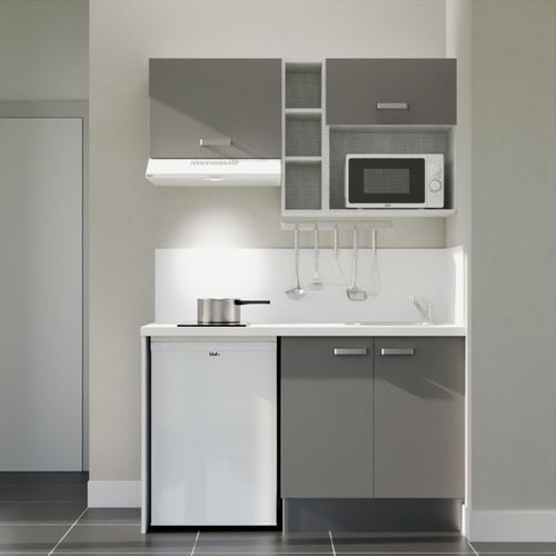 Kitchenette K13l-pt - 140 Cm-façade Gris-plan Blanc-evier Inox-crédences Oui+electro Blanc