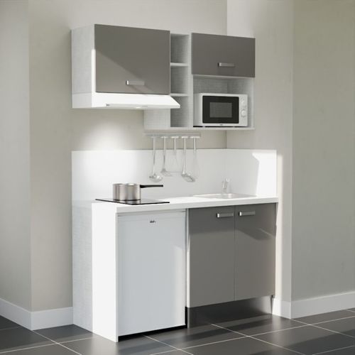 Kitchenette K13l-pt - 140 Cm-façade Gris-plan Blanc-evier Inox-crédences Oui+electro Blanc