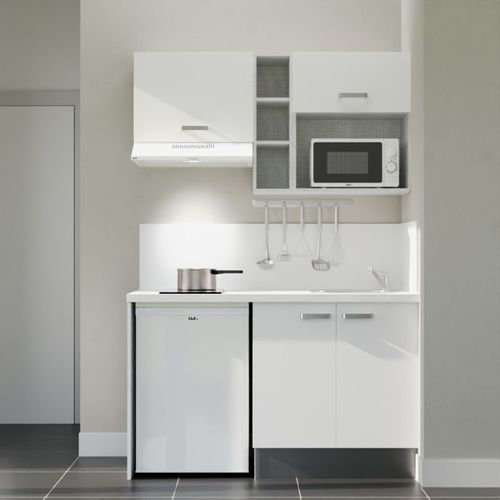 Kitchenette K13l-pt - 140 Cm-façade Blanc-plan Blanc-evier Inox-crédences Oui+electro Blanc