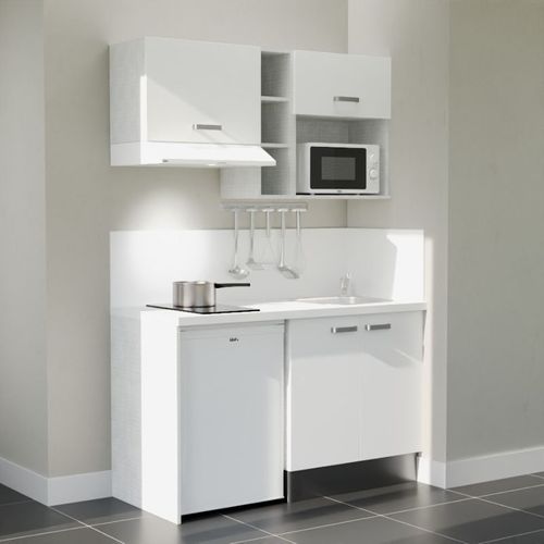 Kitchenette K13l-pt - 140 Cm-façade Blanc-plan Blanc-evier Inox-crédences Oui+electro Blanc