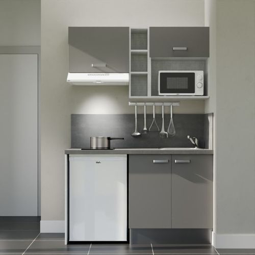 Kitchenette K13l-pt - 140 Cm-façade Gris-plan Gris Béton-evier Inox-crédences Oui+electro Blanc